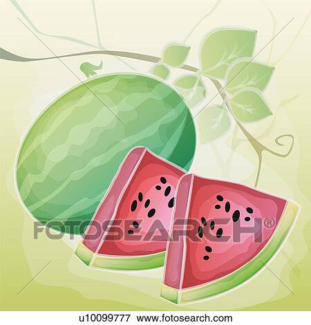 Stock Illustration - Close-up of a whole watermelon with slices. Fotosearch