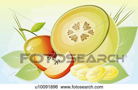 Stock Illustration - Close-up of cucumber and apple slices. Fotosearch
