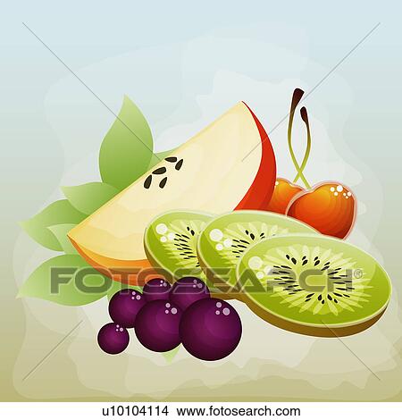 Stock Illustration - Close-up of kiwi fruit slices with apples and red grapes. Fotosearch