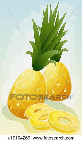 Stock Illustration - Close-up of two whole pineapples with pineapple slices. Fotosearch