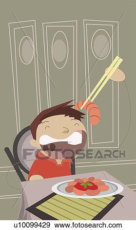 Stock Illustration - Boy holding food with a pair of chopsticks. Fotosearch