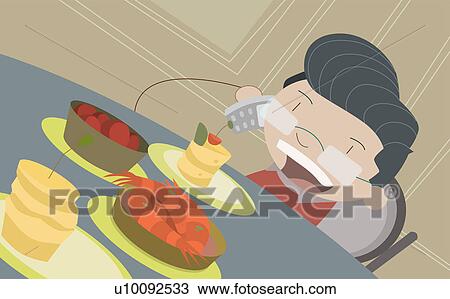 Boy sitting at the table and talking on a mobile phone View Large Illustration Drawing - Boy sitting at the table and talking on a mobile phone. Fotosearch
