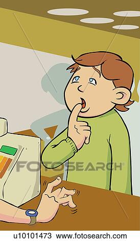 Drawing - Close-up of a boy standing with his finger on his lips in front of a cash register. Fotosearch