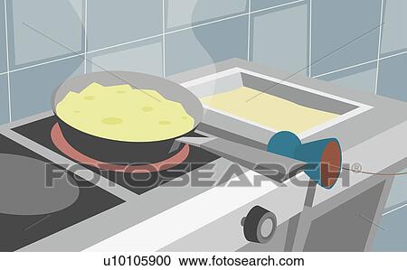 Clipart - Close-up of a person's hand holding a frying pan. Fotosearch