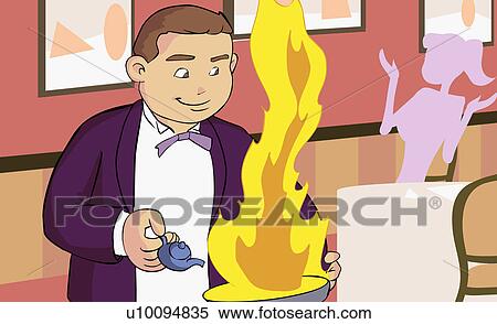 Stock Illustration - Close-up of a waiter holding a burning frying pan in a restaurant. Fotosearch