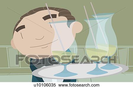 Stock Illustration - Close-up of a waiter serving drinks on a tray. Fotosearch