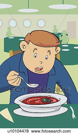 Close-up of a young man eating soup and looking at a bee View Large Illustration Stock Illustration - Close-up of a young man eating soup and looking at a bee. Fotosearch