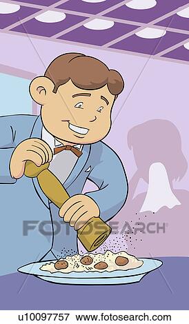 Stock Illustration - Close-up of a young man grinding pepper from a pepper mill. Fotosearch