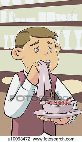 Close-up of a young man holding a bowl of sausages View Large Illustration Drawing - Close-up of a young man holding a bowl of sausages. Fotosearch