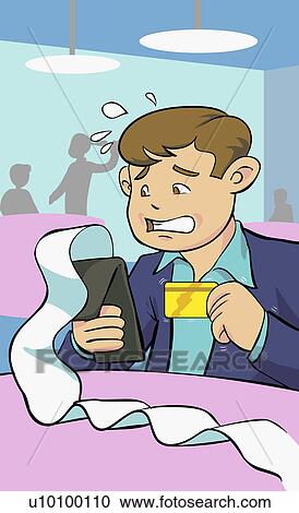 Clipart - Close-up of a young man holding a credit card and a credit card reader. Fotosearch