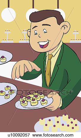 Stock Illustration - Close-up of a young man holding a plate of cupcakes. Fotosearch