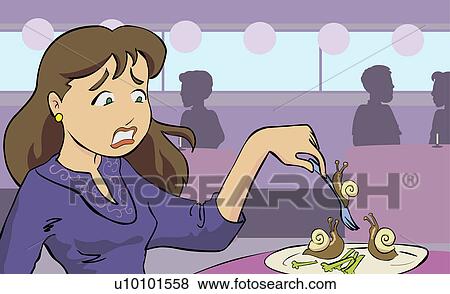 Stock Illustration - Close-up of a young woman eating escargot. Fotosearch