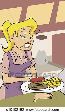 Drawing - Close-up of a young woman holding a plate of food. Fotosearch