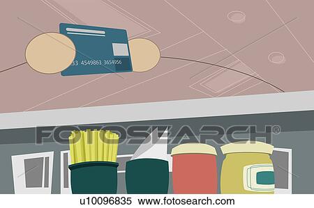 Stock Illustration - Close-up of two people holding a credit card at a checkout counter. Fotosearch