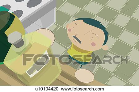 Clipart - High angle view of a man reaching for a bottle in the bathroom. Fotosearch
