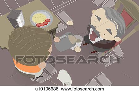Stock Illustration - High angle view of a waiter serving food to a man. Fotosearch
