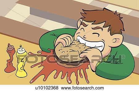 High angle view of a young man eating a burger View Large Illustration Stock Illustration - High angle view of a young man eating a burger. Fotosearch
