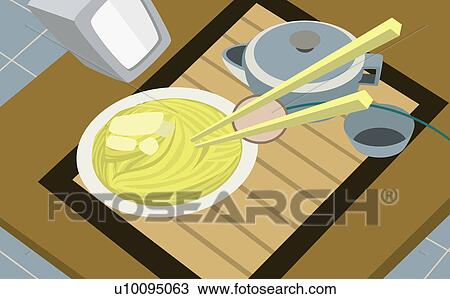 High angle view of noodles in a plate with two chopsticks View Large Illustration Drawing - High angle view of noodles in a plate with two chopsticks. Fotosearch