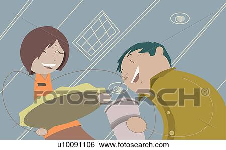 Stock Illustration - Low angle view of a woman holding a tray beside a man. Fotosearch