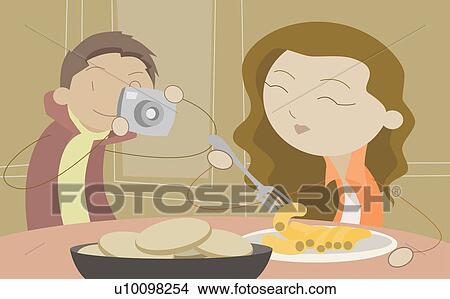Stock Illustration - Man taking a photograph of a young woman eating food. Fotosearch