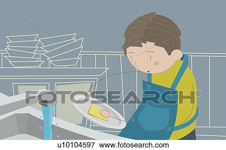 Stock Illustration - Man washing dishes in the kitchen. Fotosearch