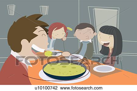 Drawing - Men and women eating food at the dining table. Fotosearch