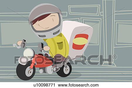 Clip Art - Pizza delivery person riding a motorcycle. Fotosearch