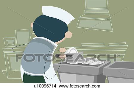 Stock Illustration - Rear view of a chef chopping ham. Fotosearch