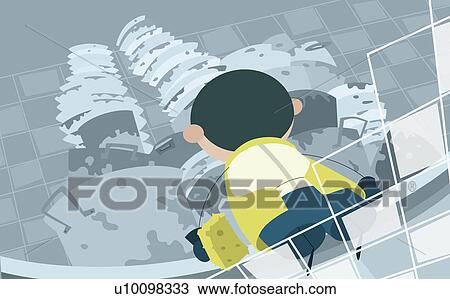 Drawing - Rear view of a man cleaning utensils. Fotosearch