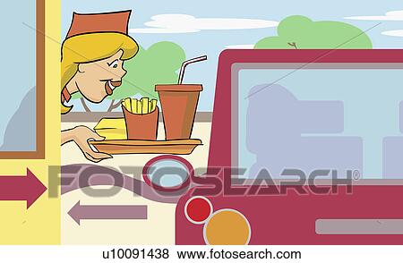 Stock Illustration - Side profile of a female attendant at a fast food takeaway counter. Fotosearch