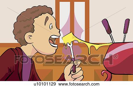 Side profile of a young man eating a cheese fondu with a fork View Large Illustration Stock Illustration - Side profile of a young man eating a cheese fondu with a fork. Fotosearch