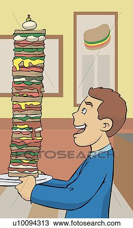 Drawing - Side profile of a young man holding a stack of sandwiches in a plate. Fotosearch