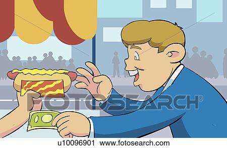Clip Art - Side profile of a young man paying for a hot dog. Fotosearch