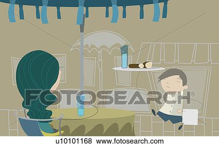 Stock Illustration - Waiter serving a drink to a woman sitting at a sidewalk cafe. Fotosearch