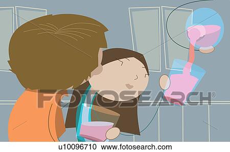 Clipart - Woman getting juice in a glass from a nozzle. Fotosearch