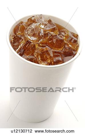 Stock Image - Black tea with ice cubes, in a disposable paper cup. Fotosearch