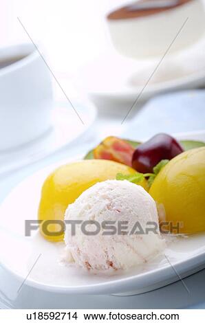 Plate of ice cream with fruit and garnish, coffee and tiramisu in the background View Large Photo Image Picture - Plate of ice cream with fruit and garnish, coffee and tiramisu in the background. Fotosearch