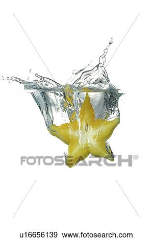 Stock Photo - A piece of starfruit falling into water. Fotosearch