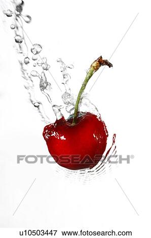 Stock Photo - Fresh red cherry falling into water. Fotosearch