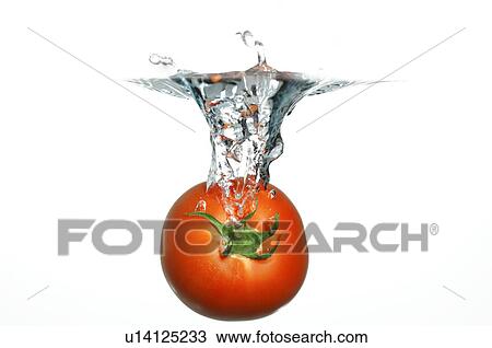Stock Image - Fresh red tomato falling into water. Fotosearch