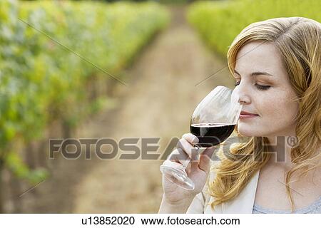 Young woman smelling red wine in vineyard View Large Photo Image Stock Image - Young woman smelling red wine in vineyard. Fotosearch