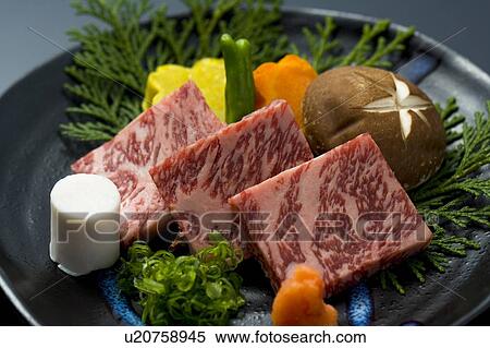 Stock Photography - Slices of raw beef and vegetables on a plate, high angle view, close up, Japan. Fotosearch