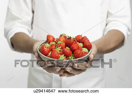 Chef holding bowl of strawberries (mid section) View Large Photo Image Stock Photo - Chef holding bowl of strawberries (mid section). Fotosearch
