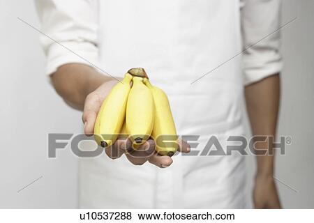 Stock Photo - Chef holding bunch of bananas (mid section). Fotosearch