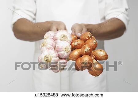 Stock Photo - Chef holding bunch of garlic and shallot onions (mid section). Fotosearch