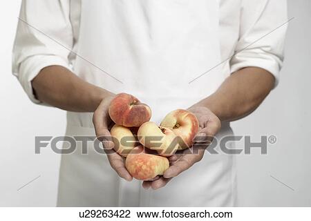 Chef holding peaches (mid section) View Large Photo Image Stock Image - Chef holding peaches (mid section). Fotosearch