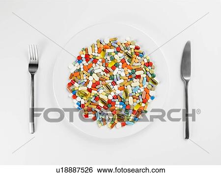 Stock Photograph - Mixed pills on white plate (close-up, directly above). Fotosearch