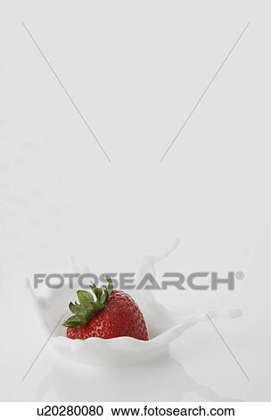 Stock Image - Strawberry Falling into Milk. Fotosearch