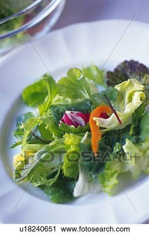 Stock Image - Mixed salad leaves in bowl, Differential Focus, Close Up. Fotosearch