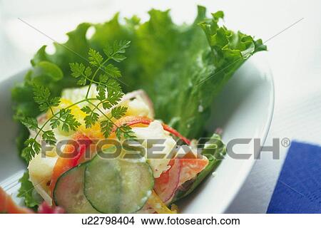 Picture - Potato salad with leaf on plate, Differential Focus. Fotosearch